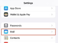 A screenshot of an iphone screen. Mail is selected under Settings.