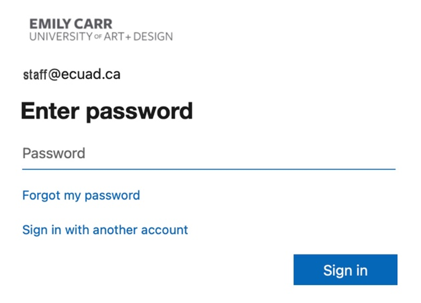 Screenshot of th Single Sign On page for Emily Carr University