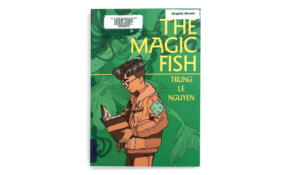 Graphic novel cover with an illustration of a youth holding an open book.