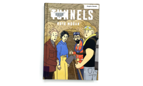 Graphic novel cover with illustration of four people looking out of a tunnel.