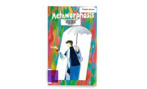 Graphic novel with illustration of person holding umbrella, hiding them from brightly coloured rain