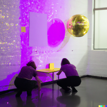DALL E 2022 11 18 12 51 45 Two underpaid non regular faculty members curating a collaborative exhibition on labour practices using disco balls post it notes and desktop projec