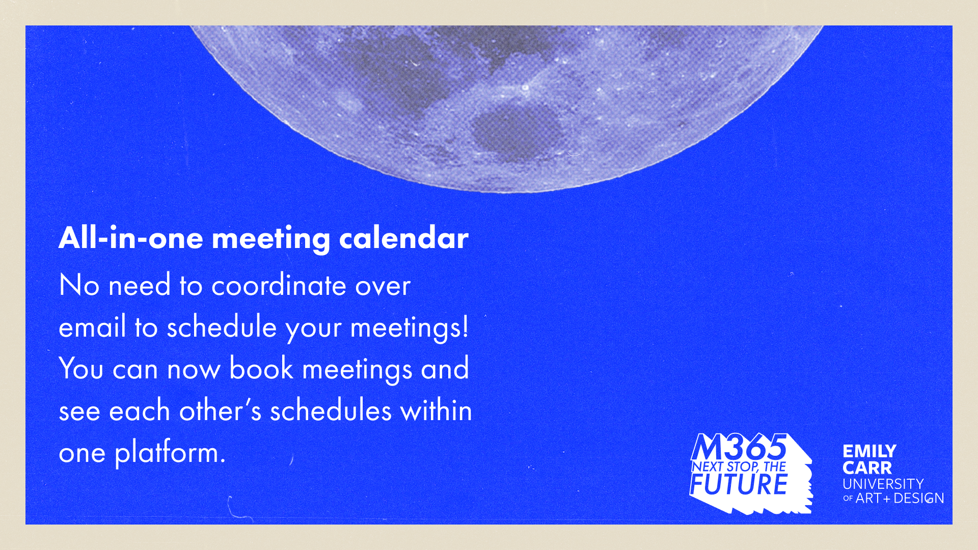 Text reads "All-in-one meeting calendar. No need to coordinate over email to schedule your meetings! You can now book meetings and see each other’s schedules within one platform."