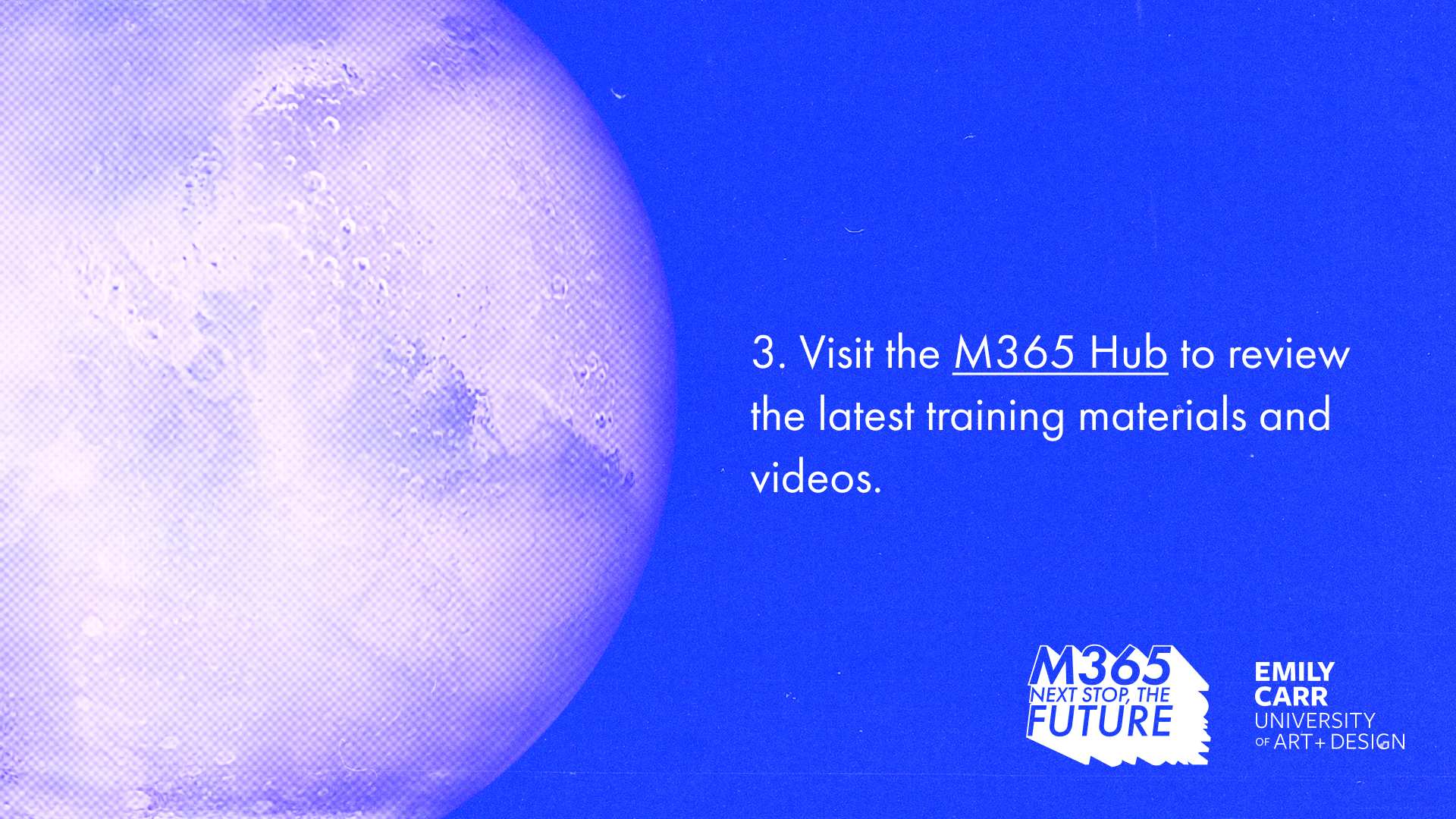 Text reads, "Visit the M365 Hub to review the latest training materials and videos."