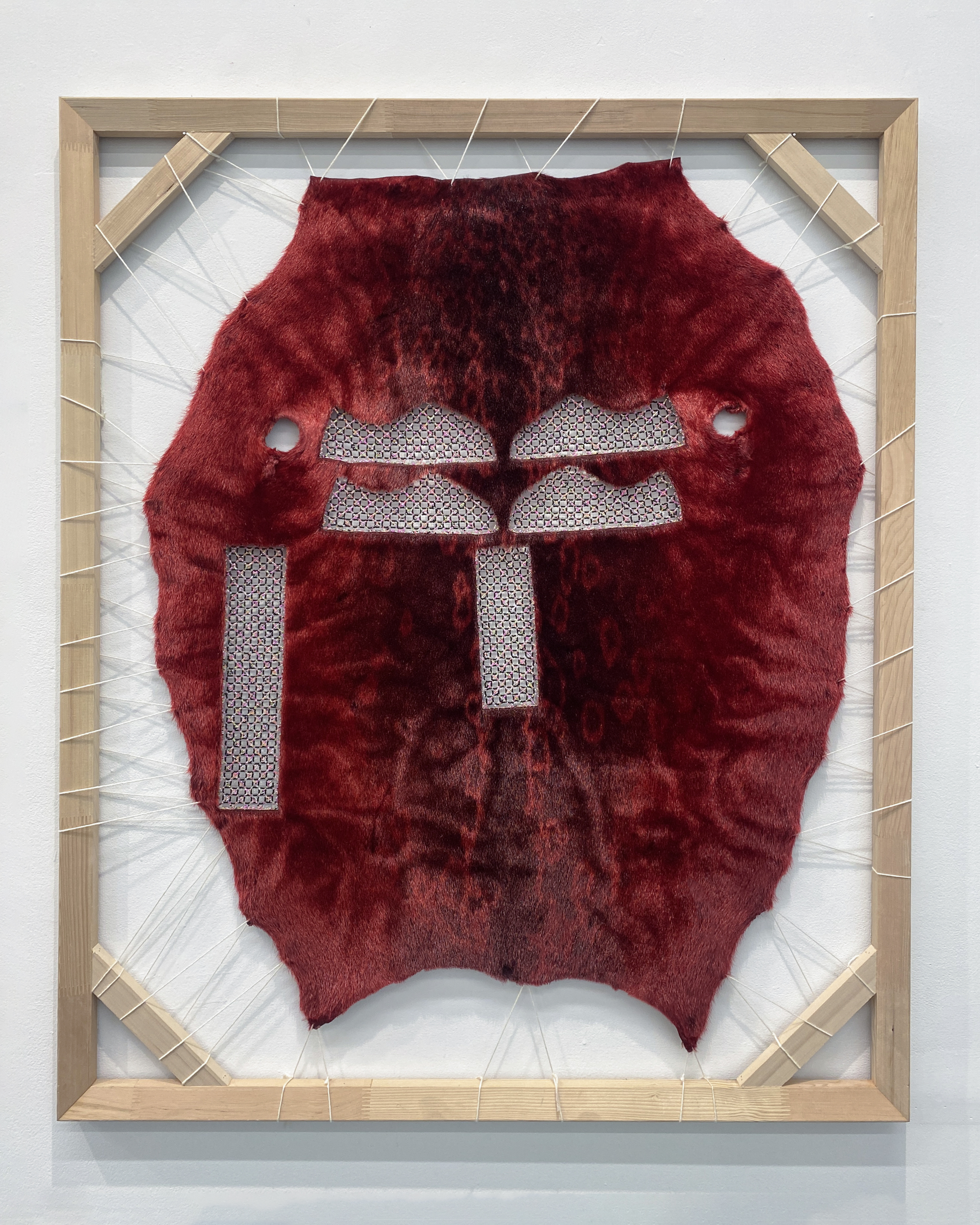 A red seal skin fur with colourful beading in three different places of the hide