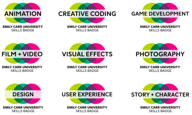 Three overlapping circles in green, teal and pink float behind text reading WEB DESIGN, with EMILY CARR UNIVERSITY SKILLS BADGE in grey text underneath