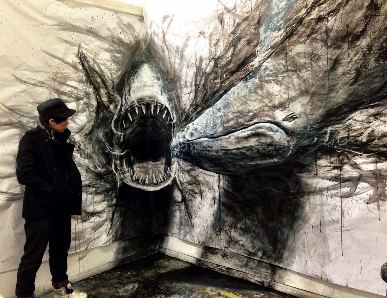 Fiona Tang Shark VS Humpback Whale 2014 charcoal ink acrylic graphite chalk pastel 38 x 25 cm