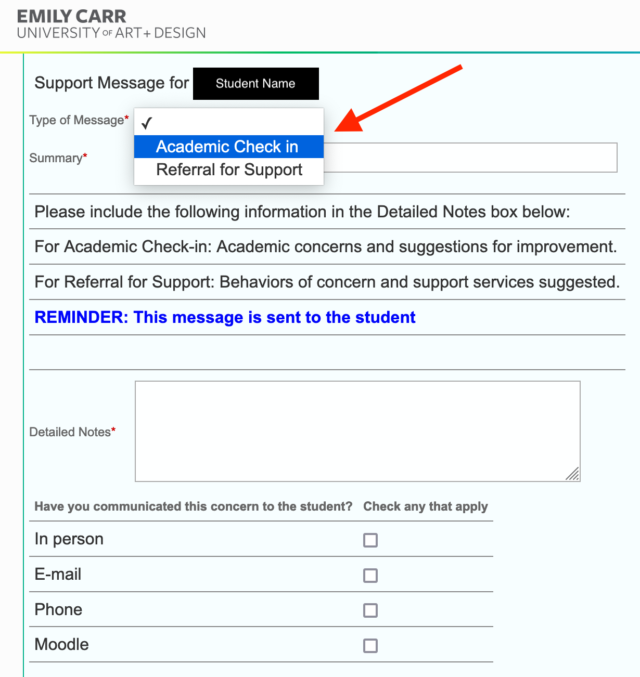 a screenshot of the Support Message form