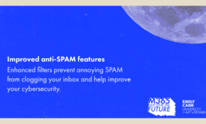 Text reads, "Improved anti-SPAM features. Enhanced filters prevent annoying SPAM from clogging your inbox and help improve your cybersecurity."