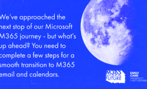 Text reads "We’ve approached the next stop of our Microsoft M365 journey - but what’s up ahead? You need to complete a few steps for a smooth transition to M365 email and calendars."
