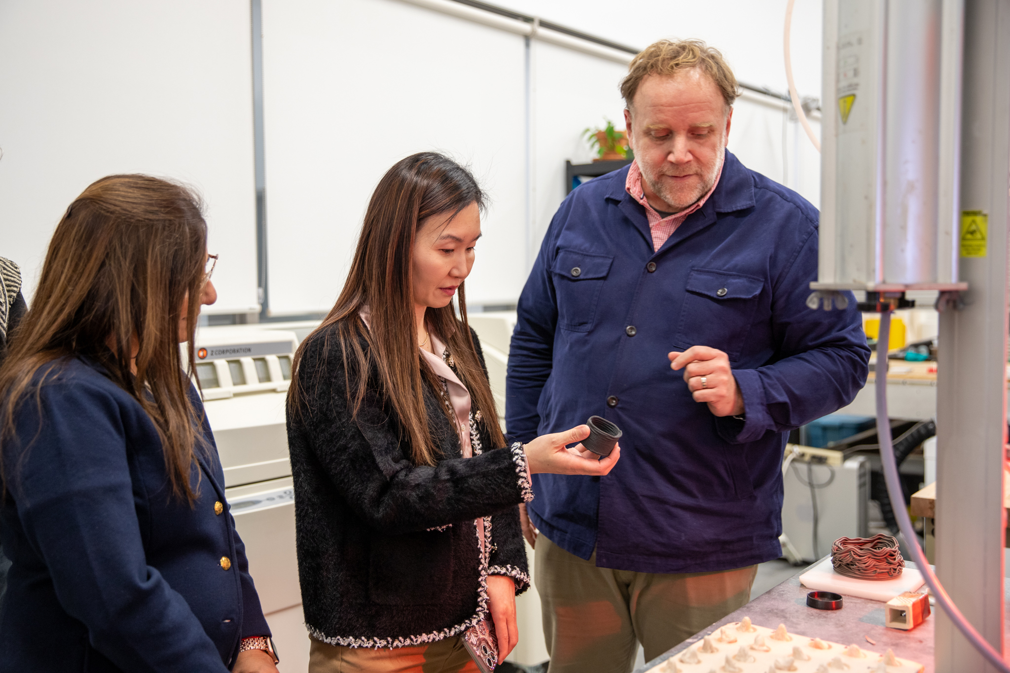 Material Matters co-founder and faculty member Keith Doyle describes innovative projects to Honourable Anne Kang, Minister, Post-Secondary Education and Future Skills and Sunita Dhir, Parliamentary Secretary for International Credentials