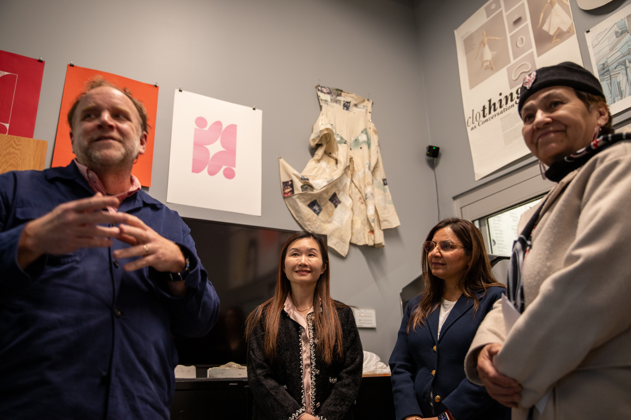 Material Matters co-founder and faculty member Keith Doyle describes innovative projects to Honourable Anne Kang, Minister, Post-Secondary Education and Future Skills, Sunita Dhir, Parliamentary Secretary for International Credentials and Joan Phillip, MLA for Vancouver-Strathcona