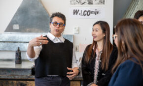 Interim Vice-President Academic + Provost Diyan Achjadi speaks to Honourable Anne Kang, Minister, Post-Secondary Education and Future Skills and Sunita Dhir, Parliamentary Secretary for International Credentials in the Print Media Studio