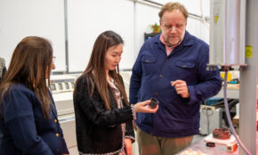 Material Matters co-founder and faculty member Keith Doyle describes innovative projects to Honourable Anne Kang, Minister, Post-Secondary Education and Future Skills and Sunita Dhir, Parliamentary Secretary for International Credentials