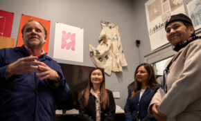 Material Matters co-founder and faculty member Keith Doyle describes innovative projects to Honourable Anne Kang, Minister, Post-Secondary Education and Future Skills, Sunita Dhir, Parliamentary Secretary for International Credentials and Joan Phillip, MLA for Vancouver-Strathcona