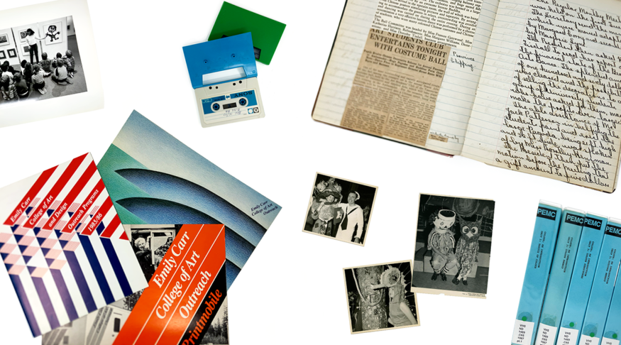 A variety of archival materials (photographs, tapes, notebooks, and calendars) against a white background