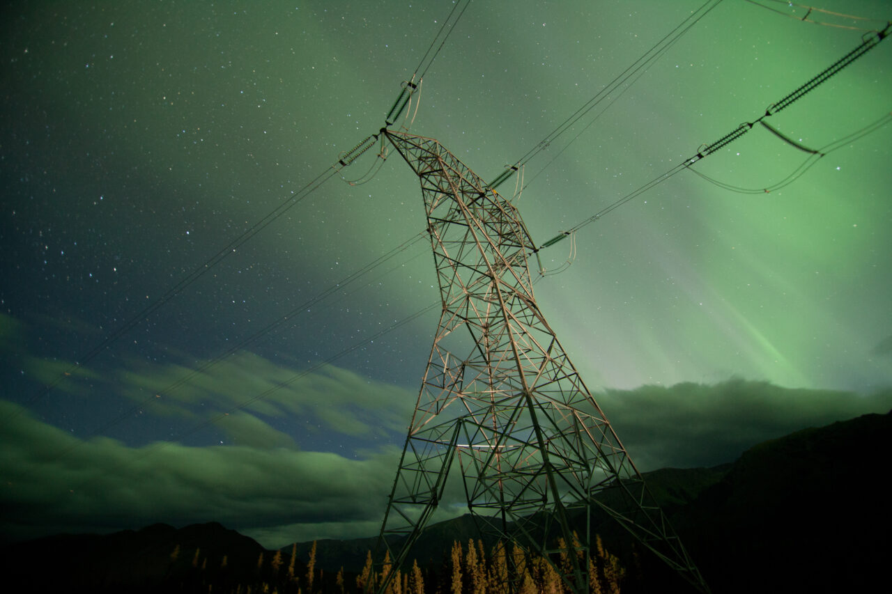 Koneline Tower with northern lights