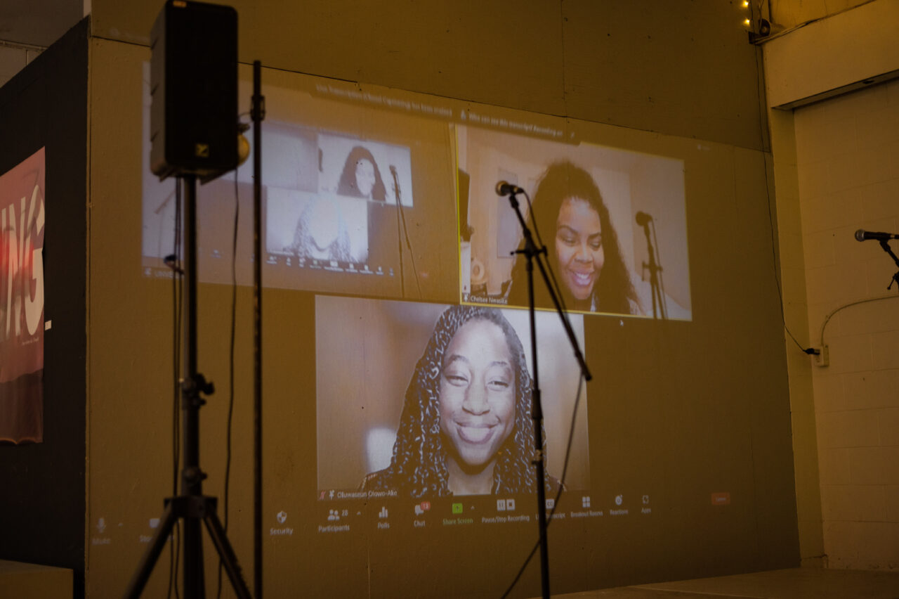 Oluwaseun Olowo Ake and Chelsea Nwasike hosting the online section of the unveiling exhibition