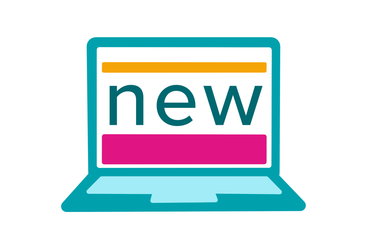 Illustration of laptop, with word 'new' splashed across the middle