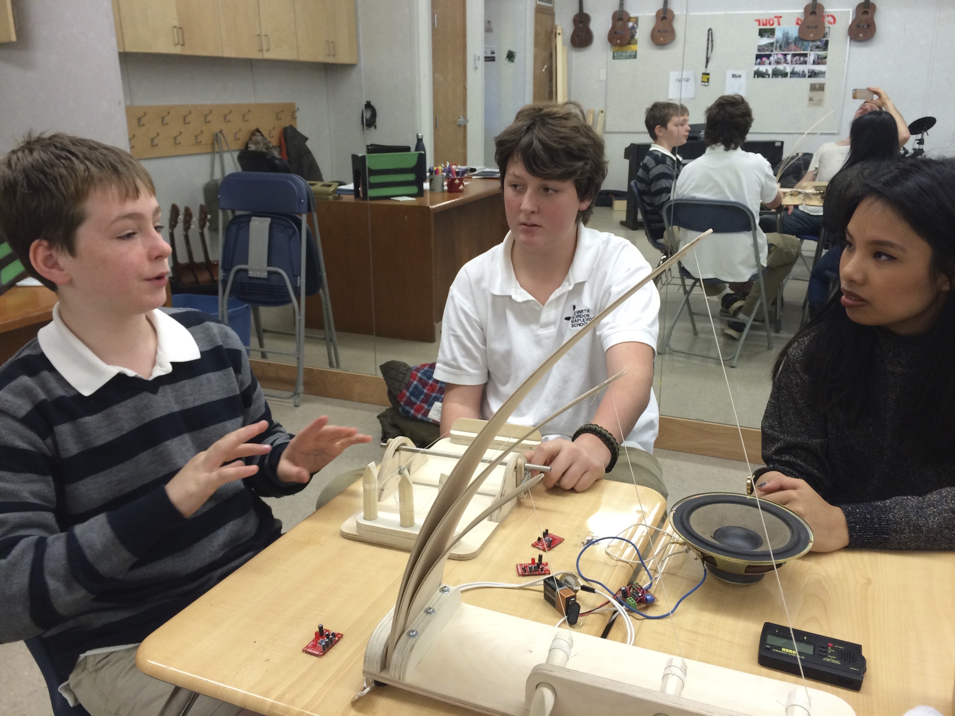 Students from Emily Carr and Kenneth Gordon working together on a collaborative musical instrument.